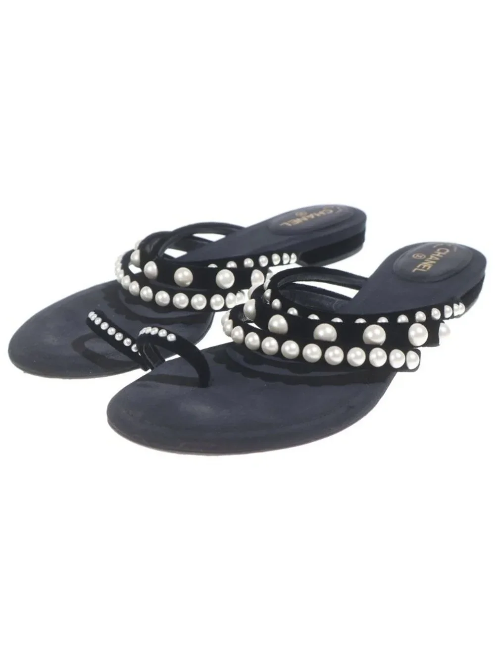 Chanel Pearl Flat Sandals Black